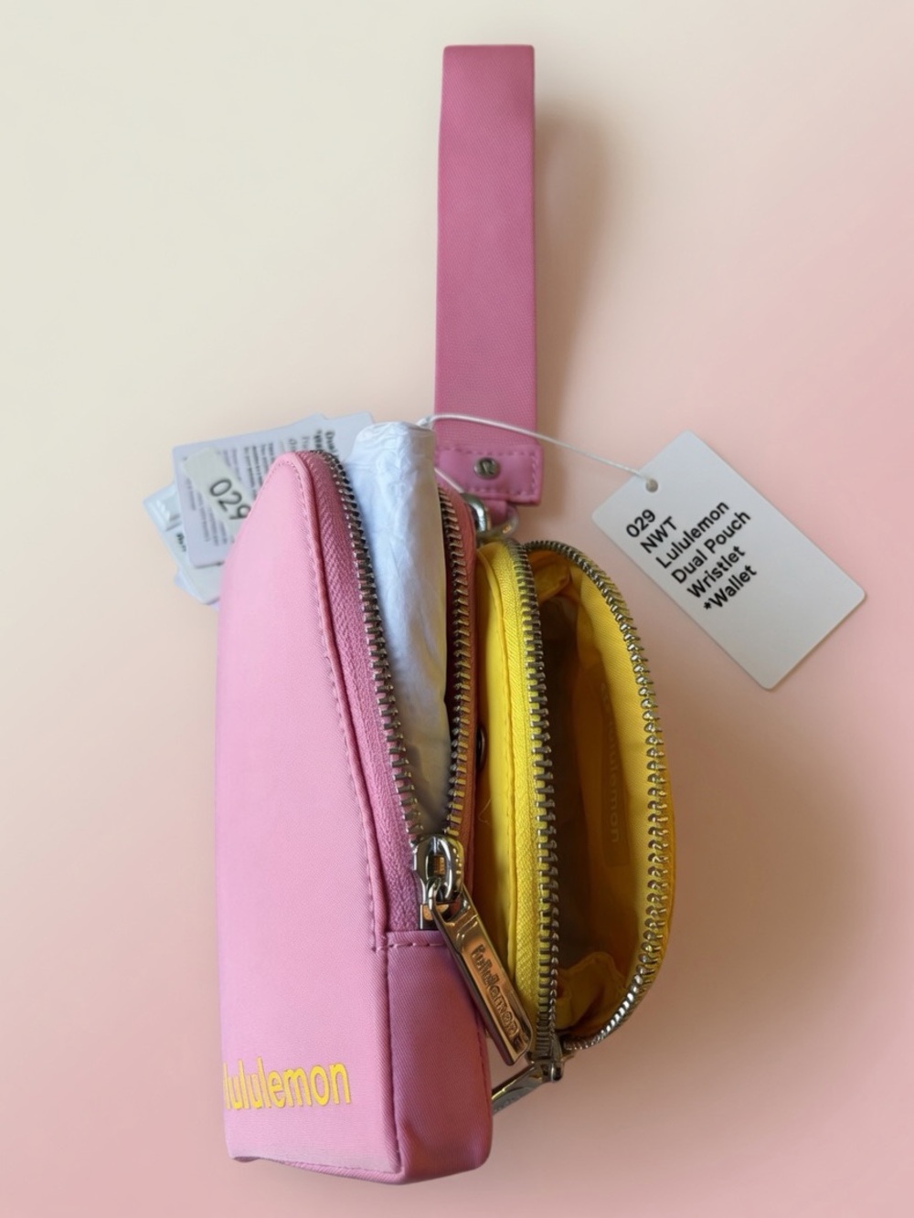 029,NWT Authentic lululemon pink and yellow dual pouch wristlet *Wallet. - Picture 5 of 10